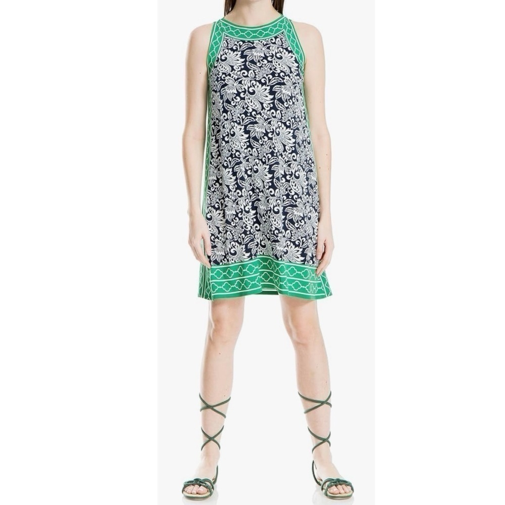 Max Studio Floral Print Matte Trapeze Jersey Mini Dress Pullover Blue Green S